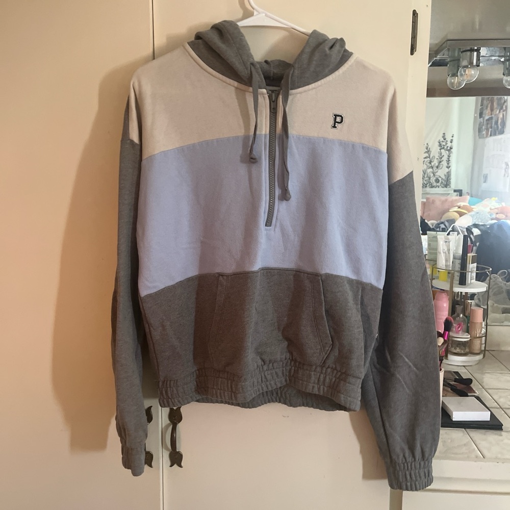 Gray Victoria’s Secret pink quarter zip hoodie. Size small.